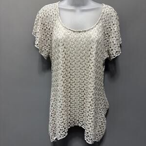 Brittany Black Women Lace Top Size L Ivory Short Sleeve Lined Stretch 5278